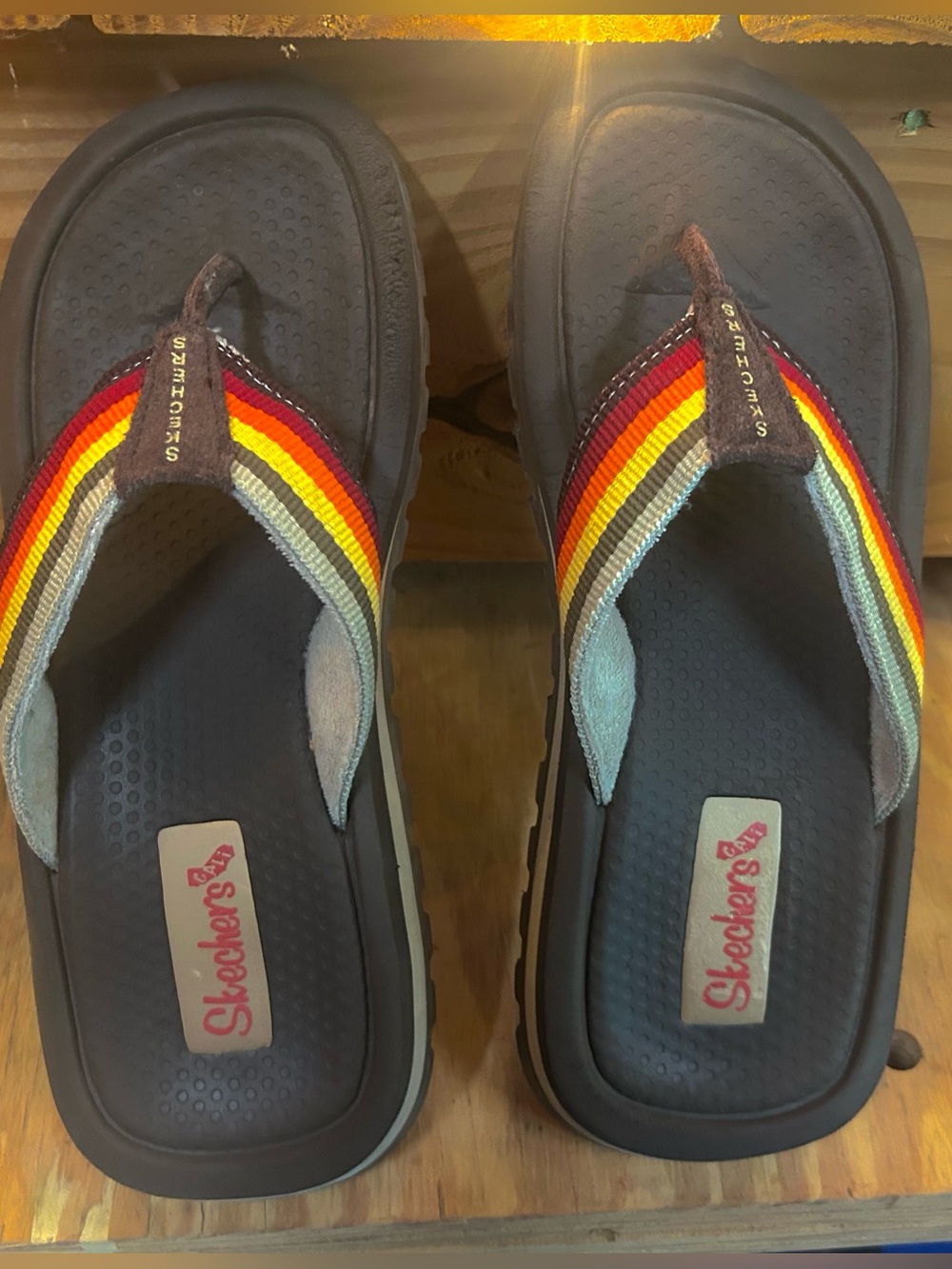 Skechers Black Foam Flip Flops with Rainbow Striped Straps